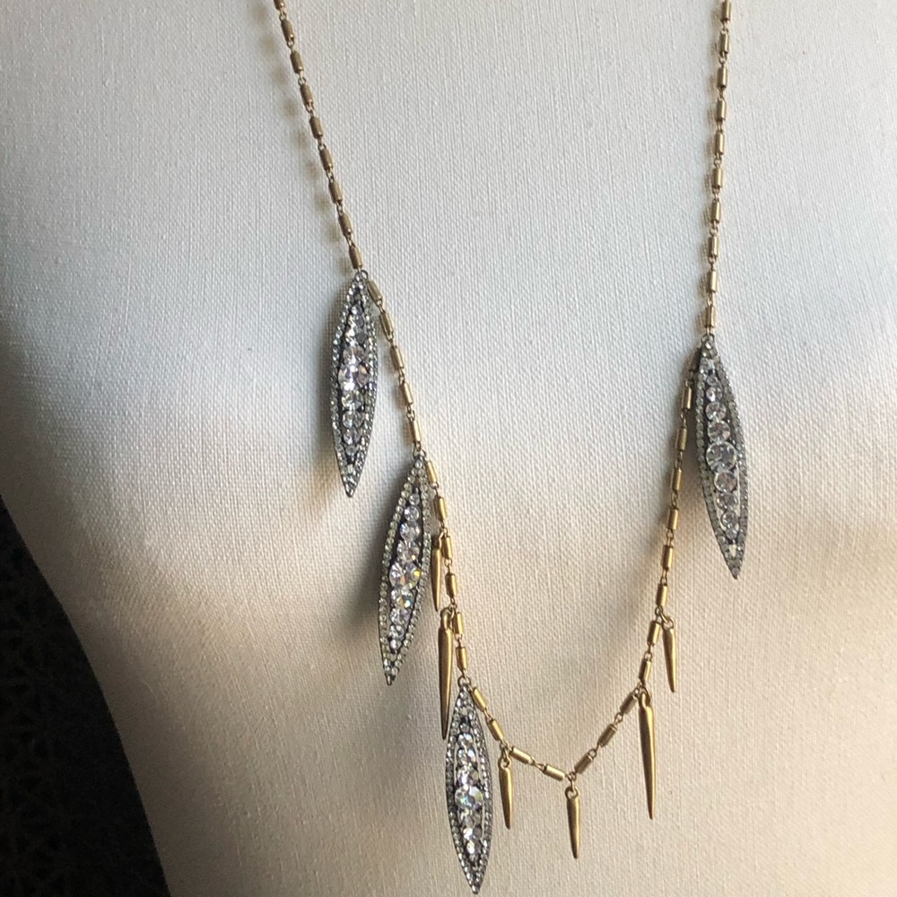 J.Crew long bronze / gold necklace with diamond studded  tear drop charms